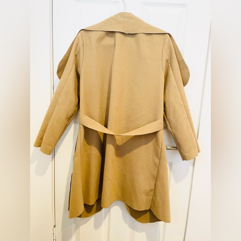 Long tan coat with adjustable tie waist, knee length, shawl collar, sz M/L - Picture 3 of 11